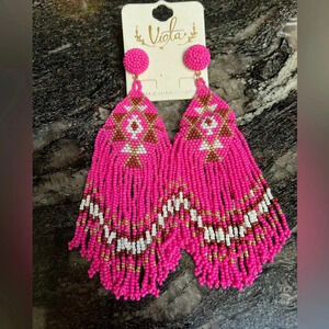 NEW Boho Beaded Earrings Hot Pink, Brown and White Beads Crafted in India